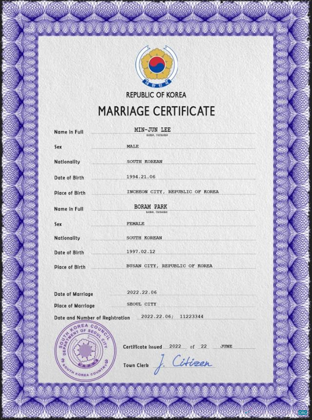 Download South Korea marriage certificate PSD template Photoshop template